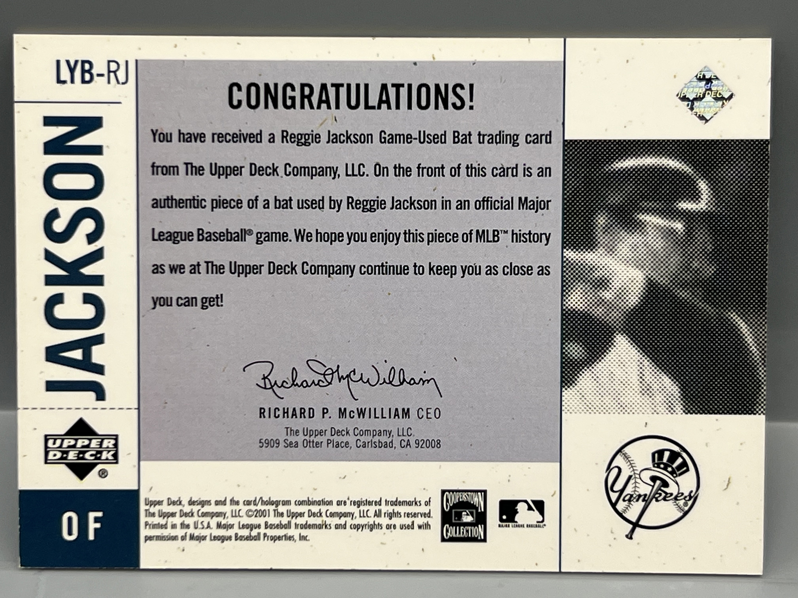 2001 Upper Deck Reggie Jackson Legendary Game Used Bat Relic