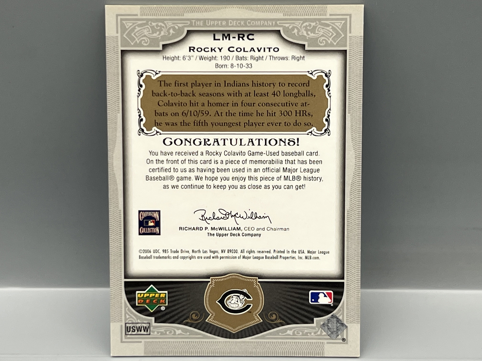 2006 Upper Deck SP Legendary Cuts Rocky Colavito Game Used Legendary Materials Bat Relic #/199