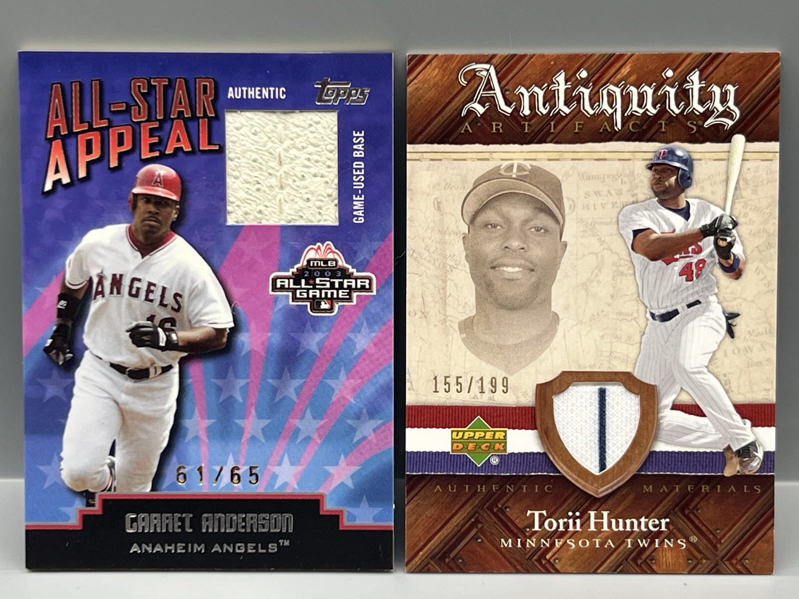 2004 Topps Garret Anderson All Star Appeal Game Used Base Relic #/65 & 2007 Upper Deck Artifacts Torii Hunter Game Used Relic #/199
