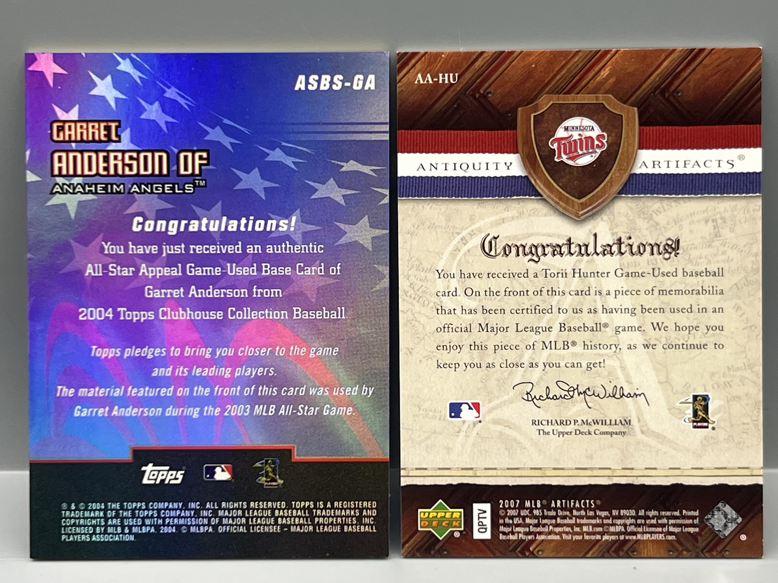 2004 Topps Garret Anderson All Star Appeal Game Used Base Relic #/65 & 2007 Upper Deck Artifacts Torii Hunter Game Used Relic #/199
