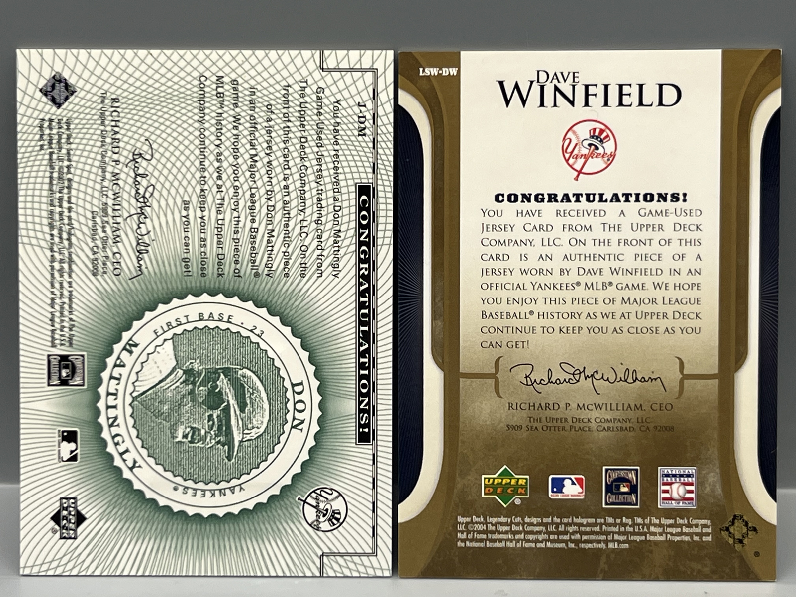 2002 Upper Deck Sweet Spot Don Mattingly Game Used Jersey Relic & 2004 Upper Deck SP Legendary Cuts Dave Winfield Game Used Relic