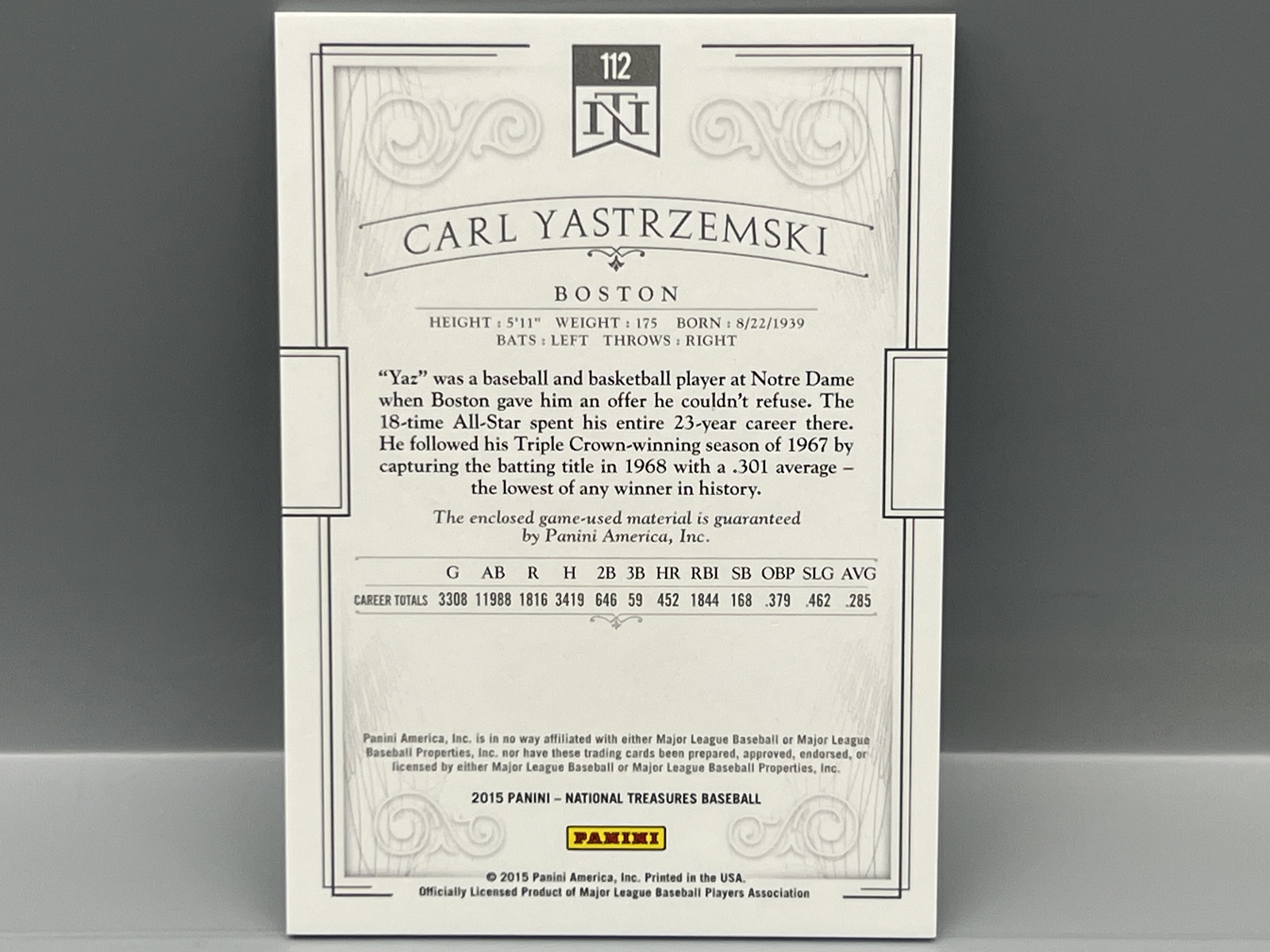 2015 Panini National Treasures Carl Yastrzemski Game Used Relic #/99