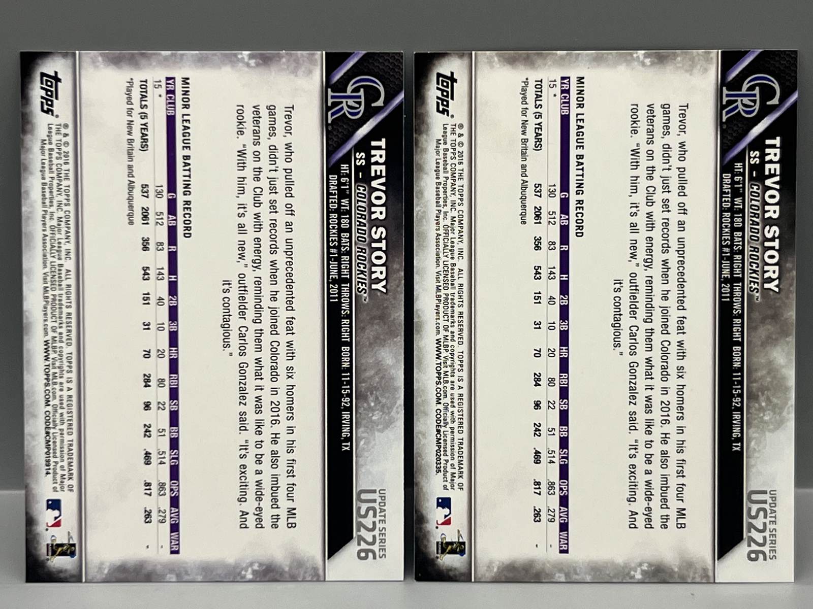 2016 Topps Update Trevor Story RC #US226 & Photo Variation SSP RC #US226