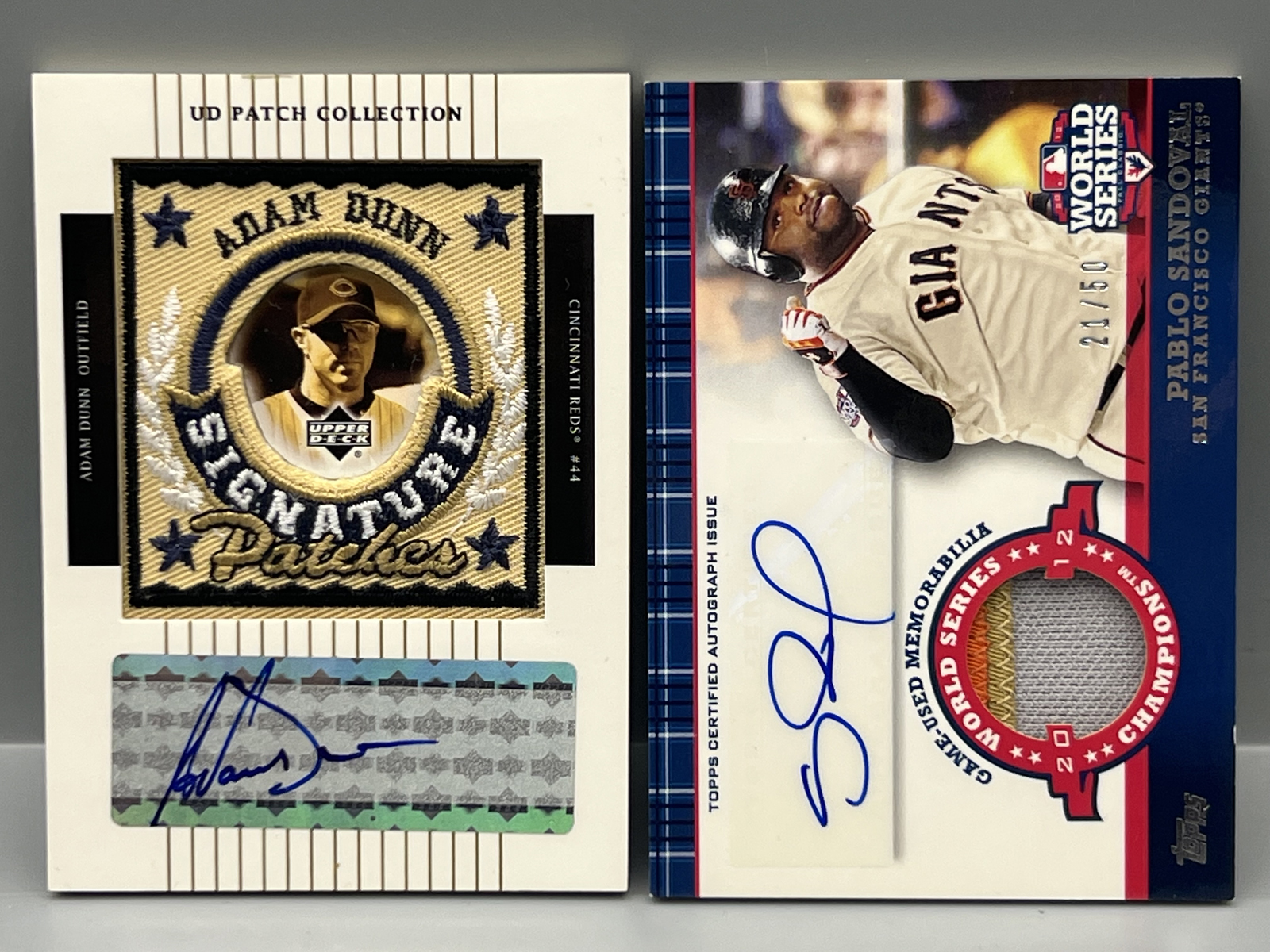 2003 Upper Deck Patch Collection Adam Dunn Auto #SP-AD & 2013 Topps Pablo Sandoval World Series Champions Game Used Patch Auto #/50