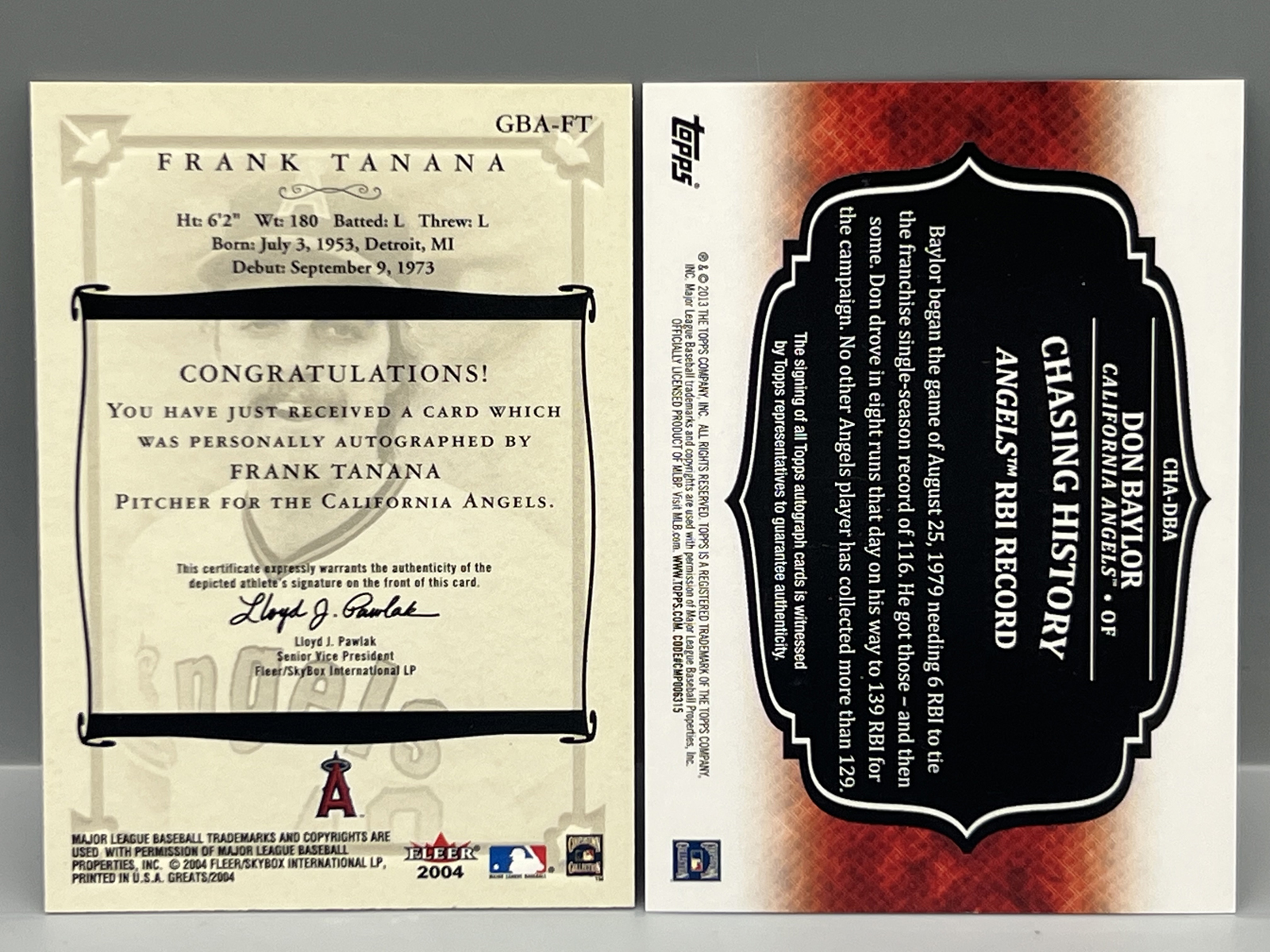 2004 Fleer Greats Frank Tanana Auto #GBA-FT & 2013 Topps Chasing History Don Baylor Auto #CHA-DBA