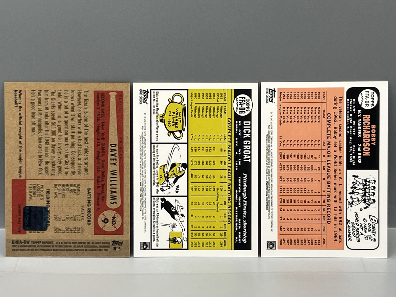 (3) Vintage Baseball Star Player Topps & Bowman Reprint Autos - Dick Groat, Bobby Richardson, & Davey Williams