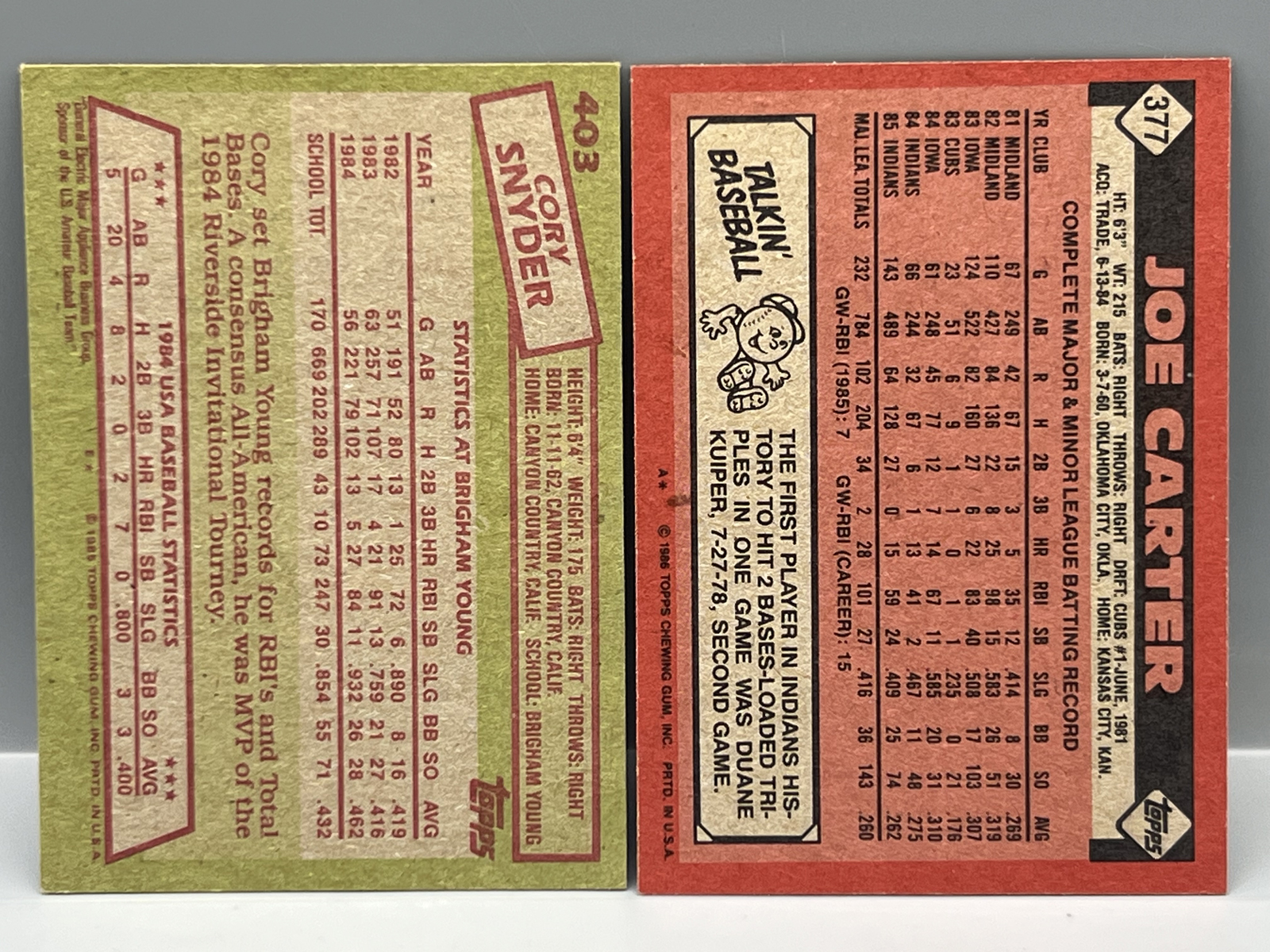1985 Topps Team USA Cory Snyder In Person Auto & 1986 Topps Joe Carter In Person Auto - No COAs