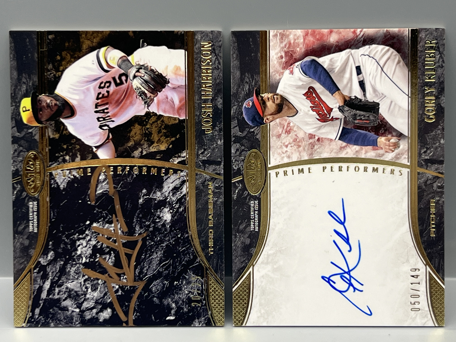 2016 Topps Tier One Corey Kluber On Card Prime Performers Auto #/149 & Josh Harrison Gold Ink Auto #/25
