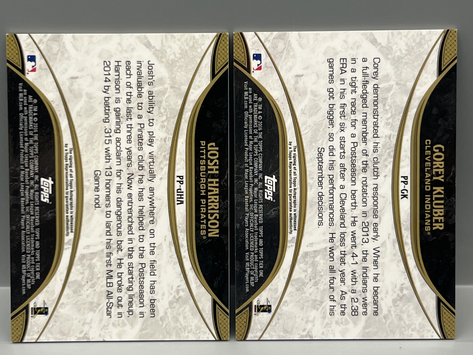 2016 Topps Tier One Corey Kluber On Card Prime Performers Auto #/149 & Josh Harrison Gold Ink Auto #/25