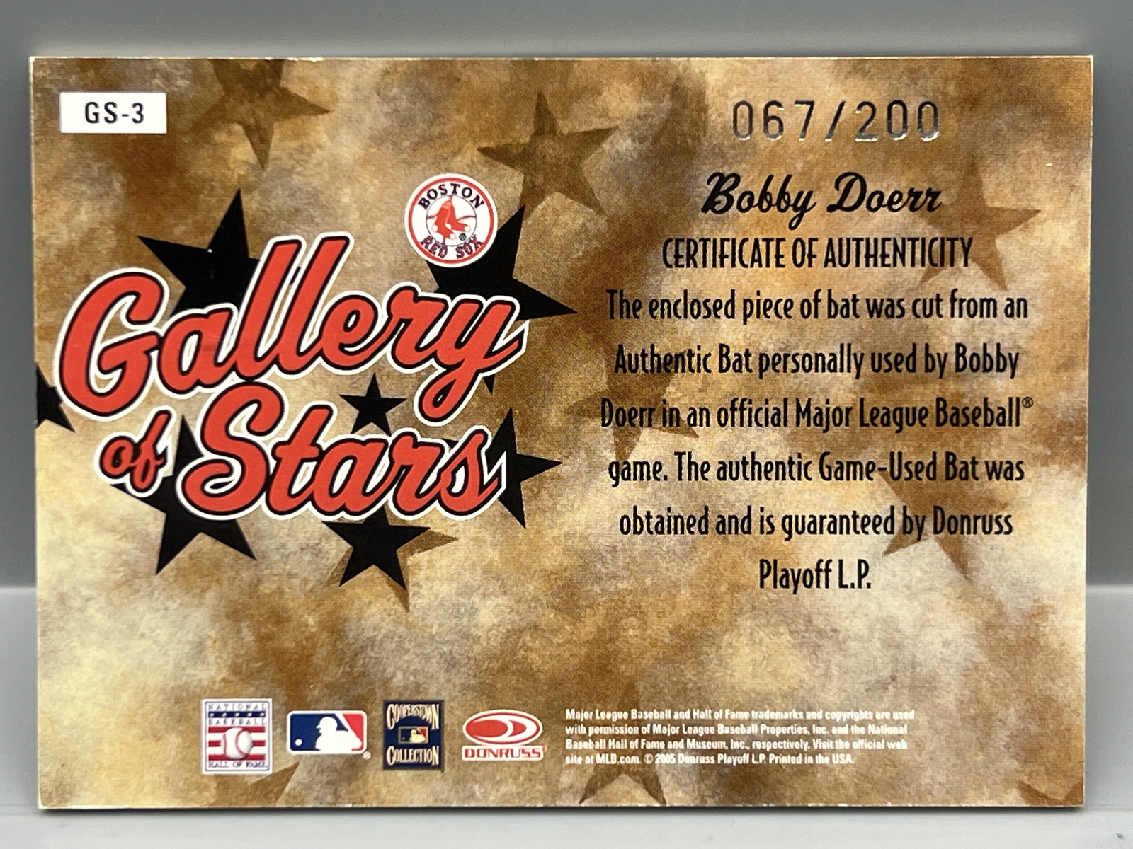 2005 Donruss Diamond Kings Bobby Doerr Gallery of Stars Game Used Relic Auto #/200