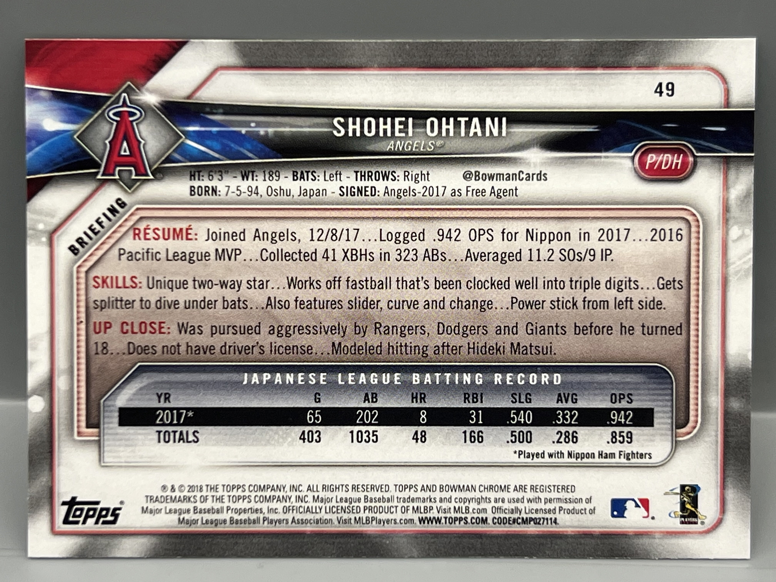 2018 Bowman Shohei Ohtani RC #49