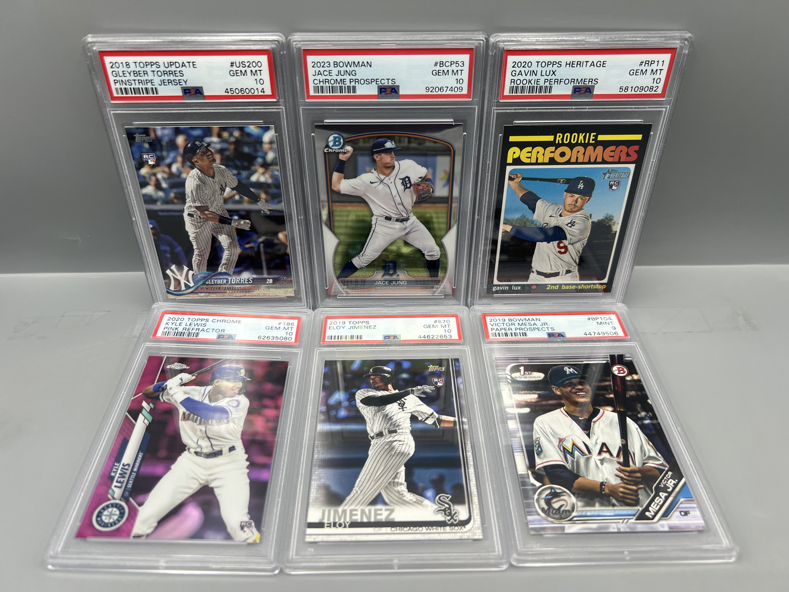 (6) Baseball Rookie PSA Graded Cards - All PSA 10 But One - Torres, Jung, Lux, Lewis, Jimenez, Mesa Jr.