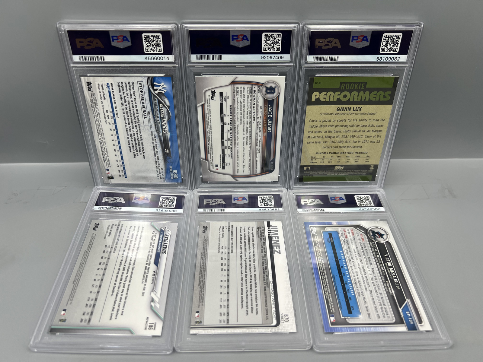 (6) Baseball Rookie PSA Graded Cards - All PSA 10 But One - Torres, Jung, Lux, Lewis, Jimenez, Mesa Jr.