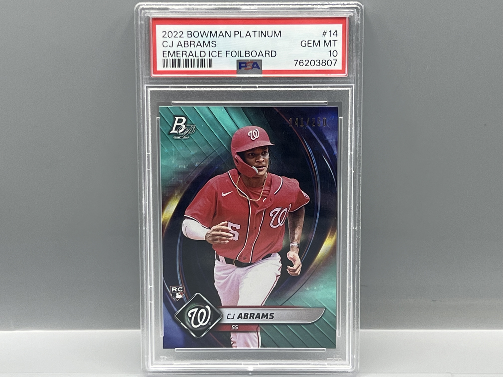 2022 Bowman Platinum CJ Abrams Emerald Ice Foilboard RC #/250 PSA Gem Mint 10