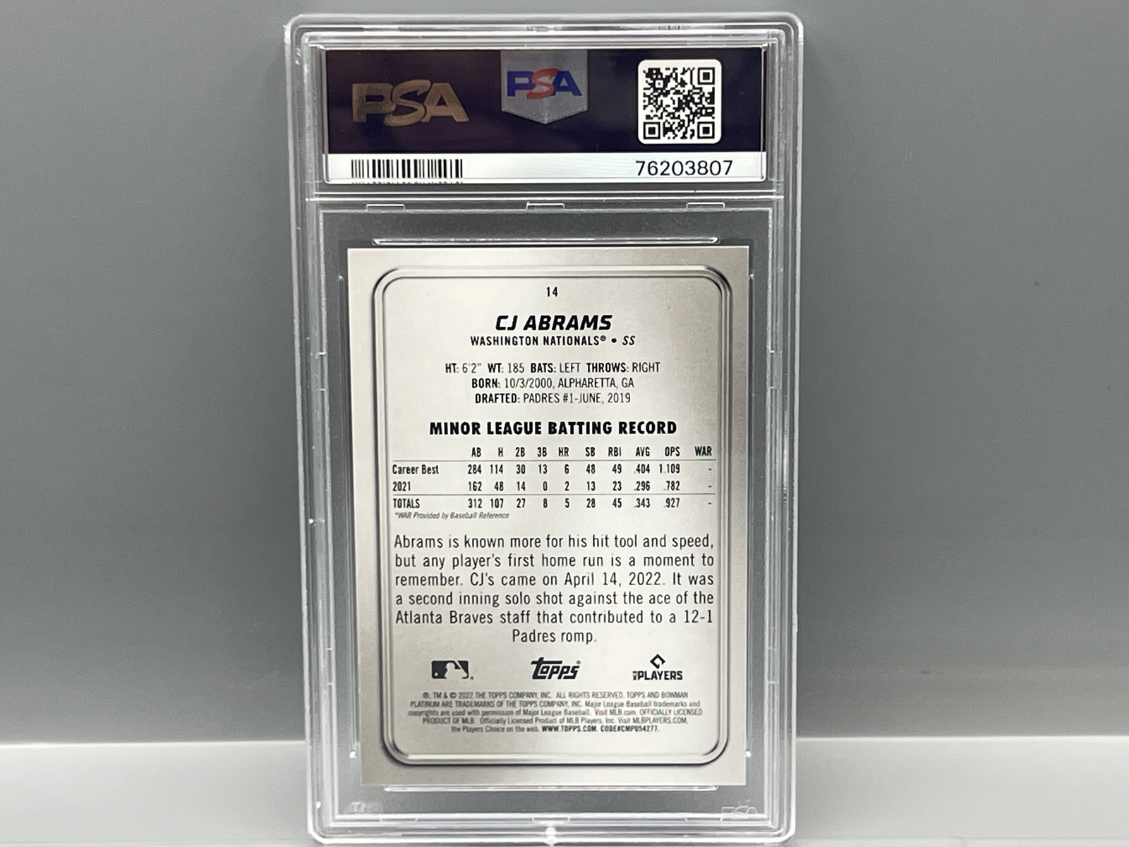 2022 Bowman Platinum CJ Abrams Emerald Ice Foilboard RC #/250 PSA Gem Mint 10
