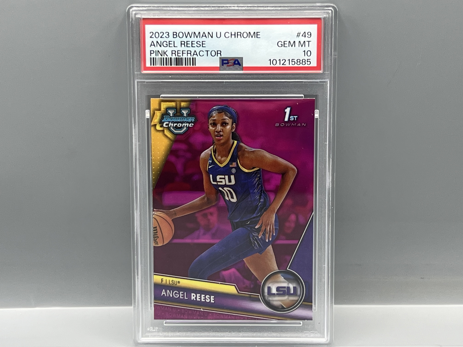 2023 Bowman University Chrome Angel Reese Pink Refractor 1st Bowman RC #49 PSA Gem Mint 10