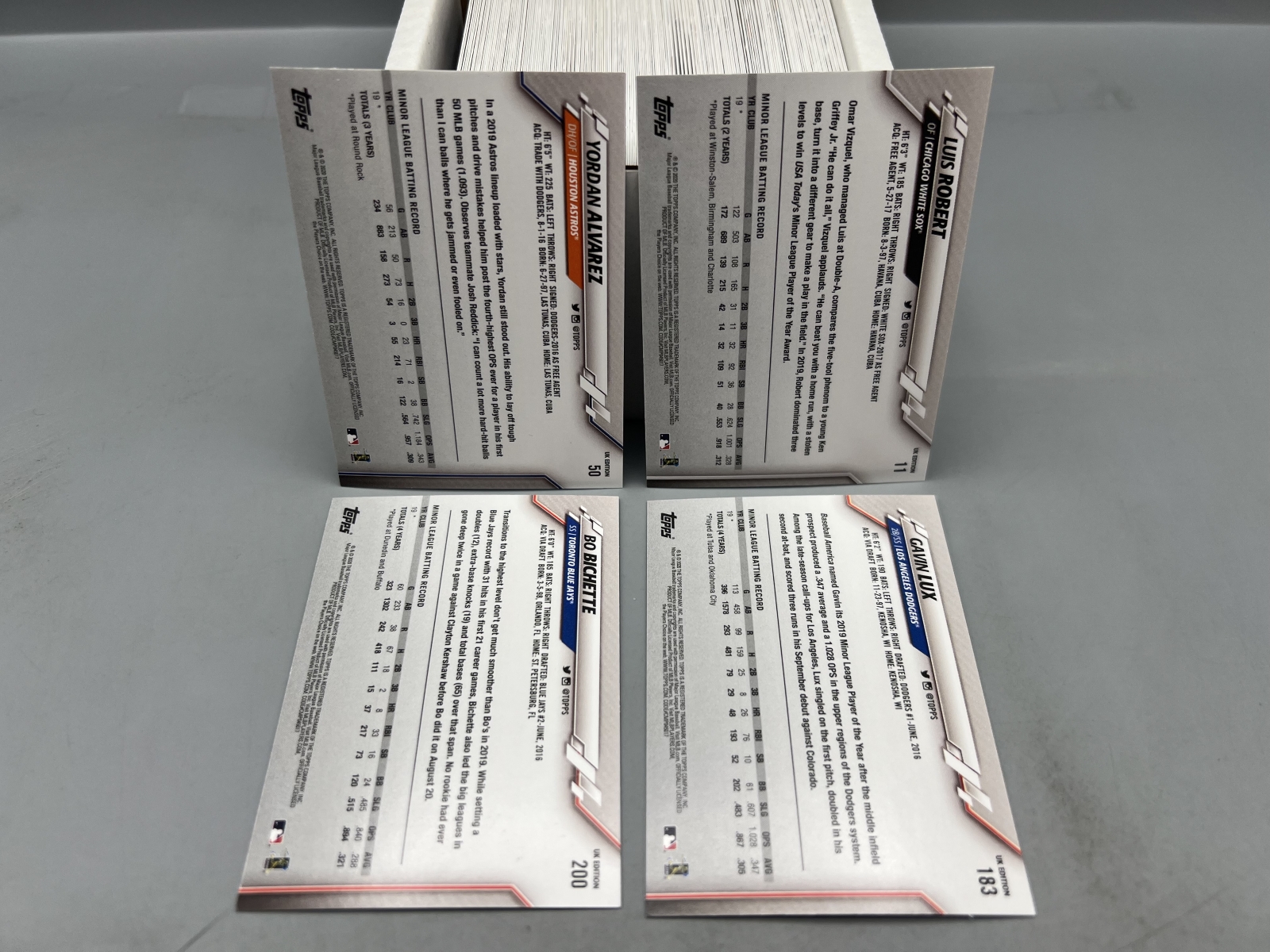2020 Topps UK Edition Baseball Complete 200 Card Set W/ Yordan Alvarez RC, Luis Robert RC, Gavin Lux RC, & Bo Bichette RC