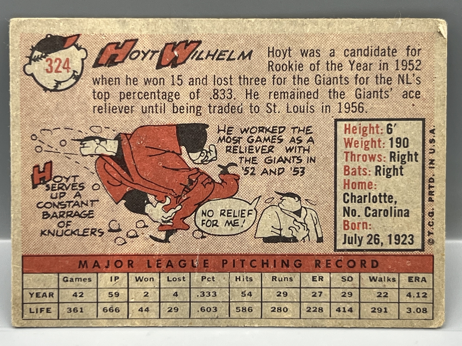 1958 Topps Hoyt Wilhelm #324