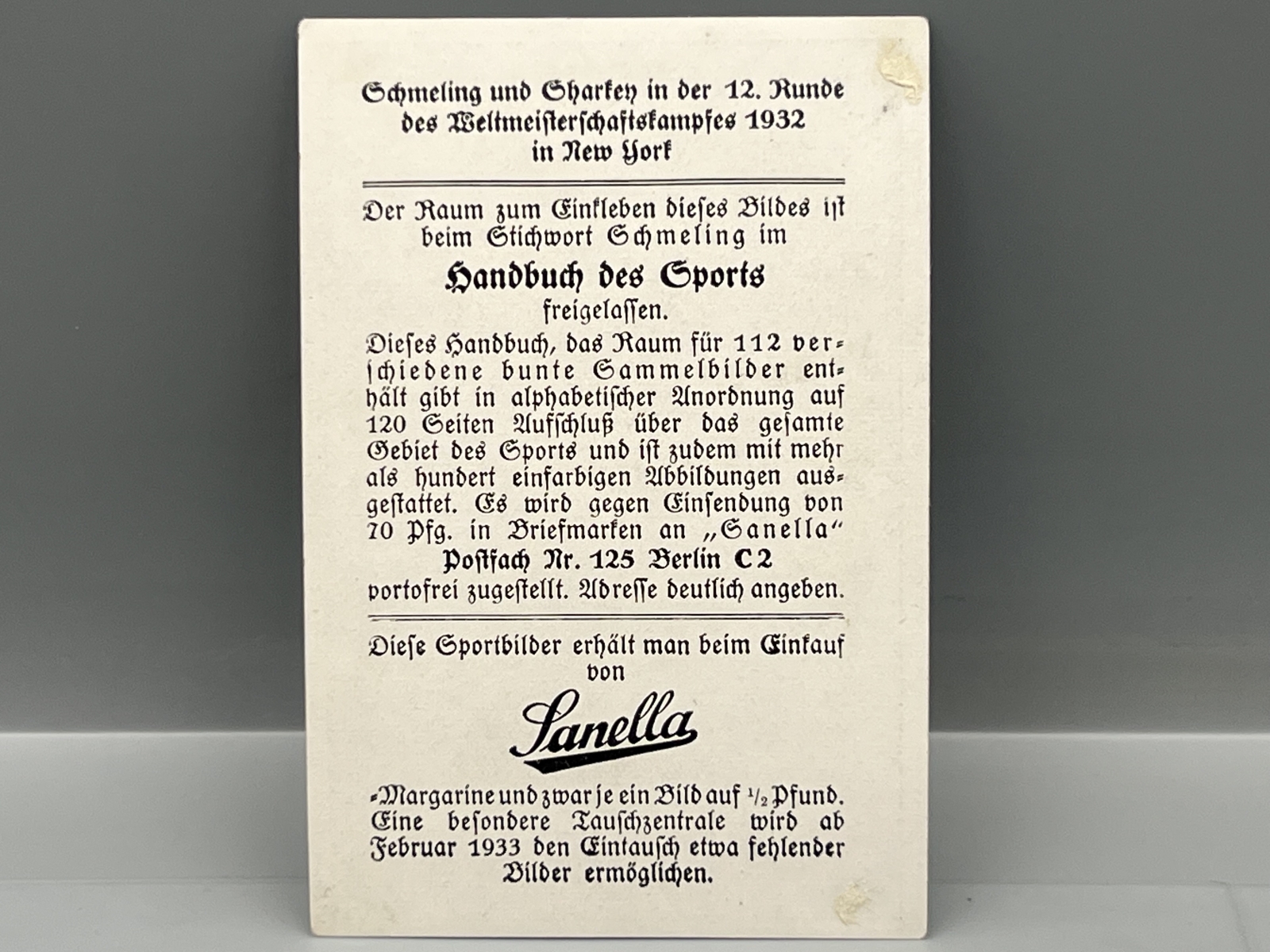 1932 Sanella Margerine Boxing Schmeling Vs. Sharkey #125