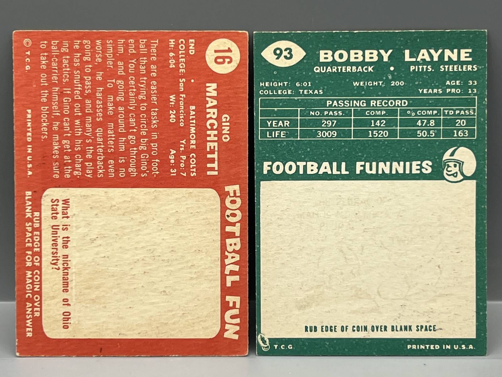 1958 Topps Gino Marchetti #16 & 1960 Topps Bobby Layne #60