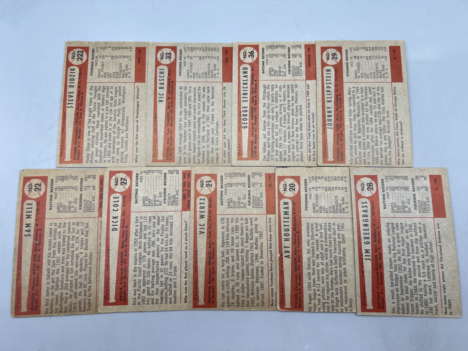 (9) 1954 Bowman Baseball Cards - Varying Conditions