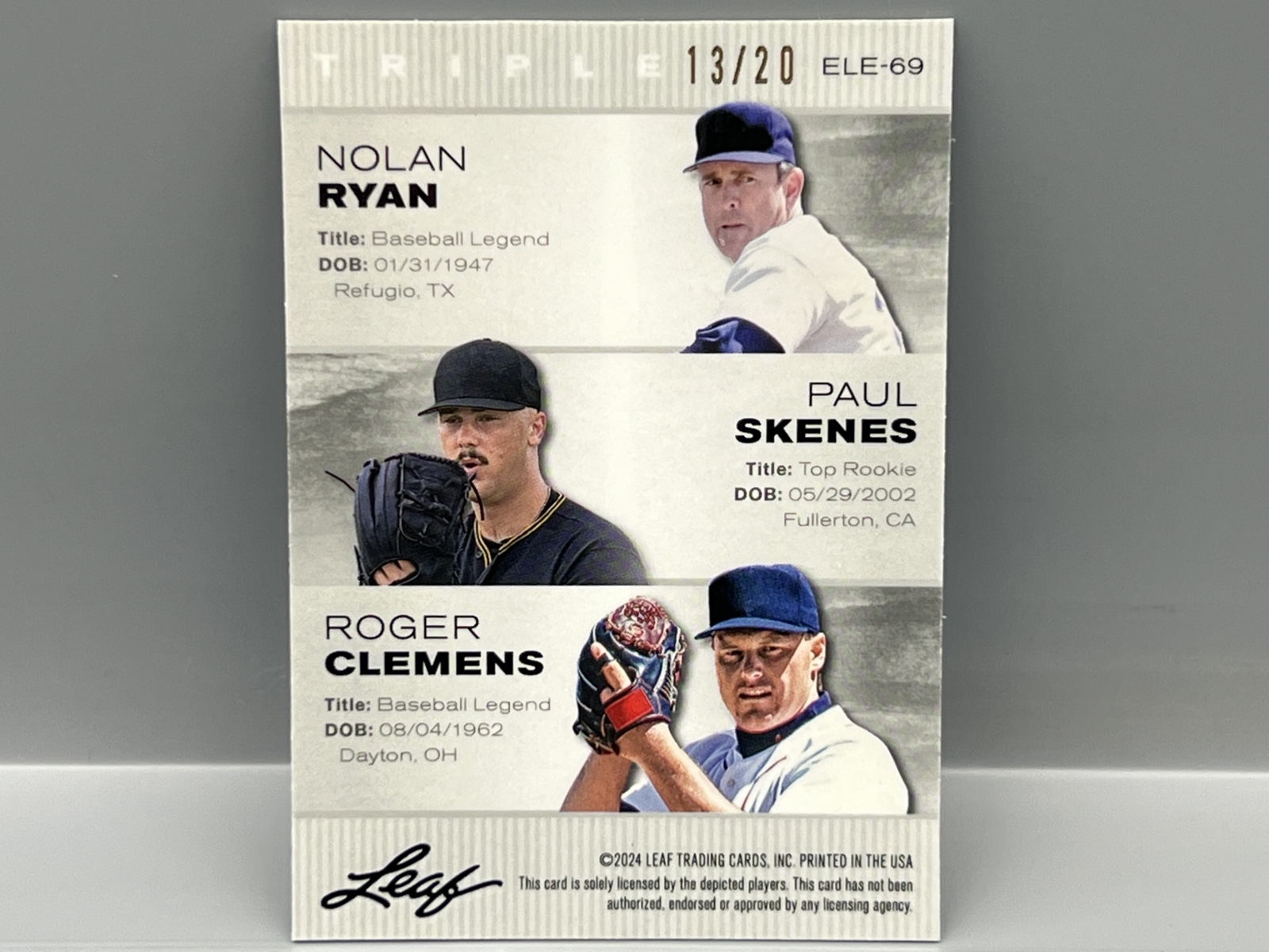 2024 Leaf Exclusive Legends Edition Nolan Ryan/Paul Skenes/Roger Clemens Triple Blue Lazer #/20