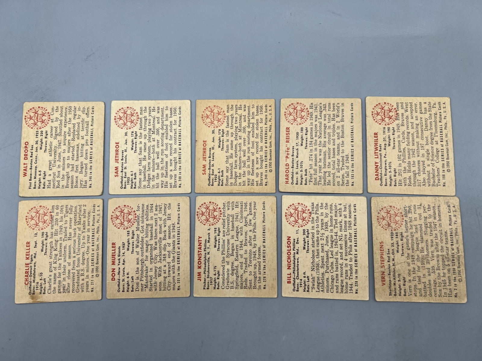 (10) 1950 Bowman Baseball Cards - Varying Conditions