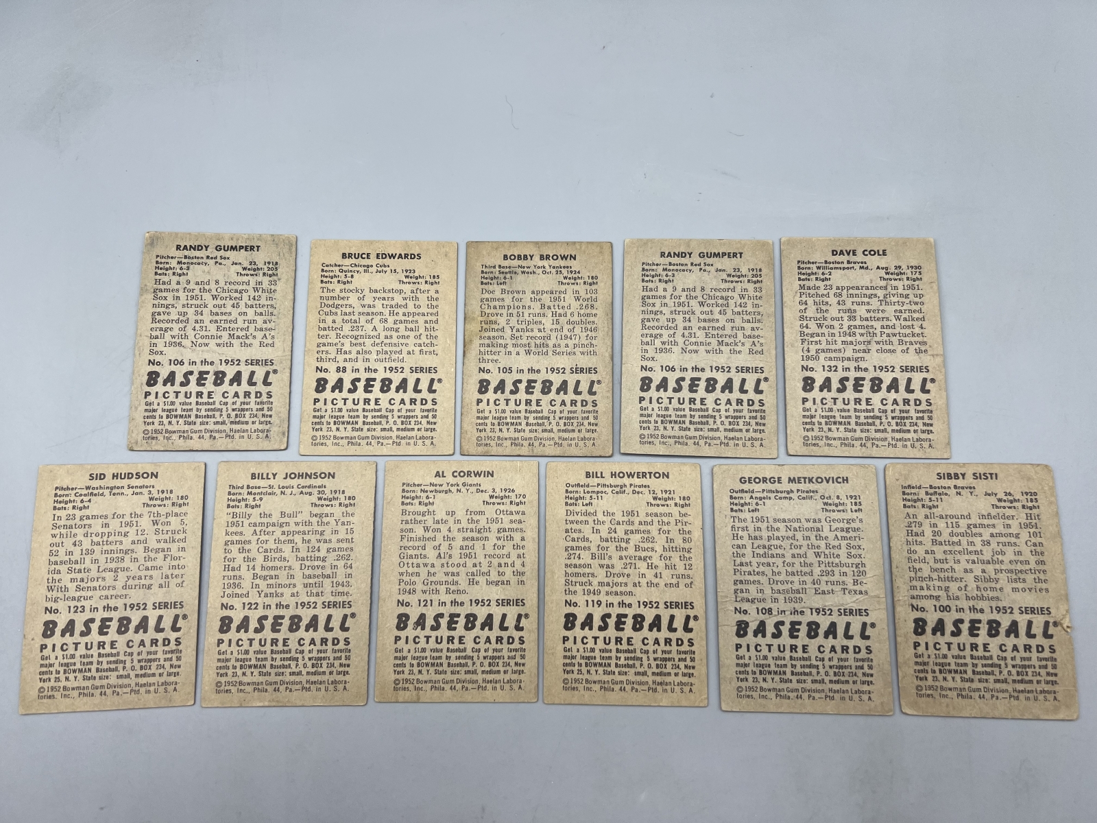(11) 1952 Bowman Baseball Cards - Varying Conditions