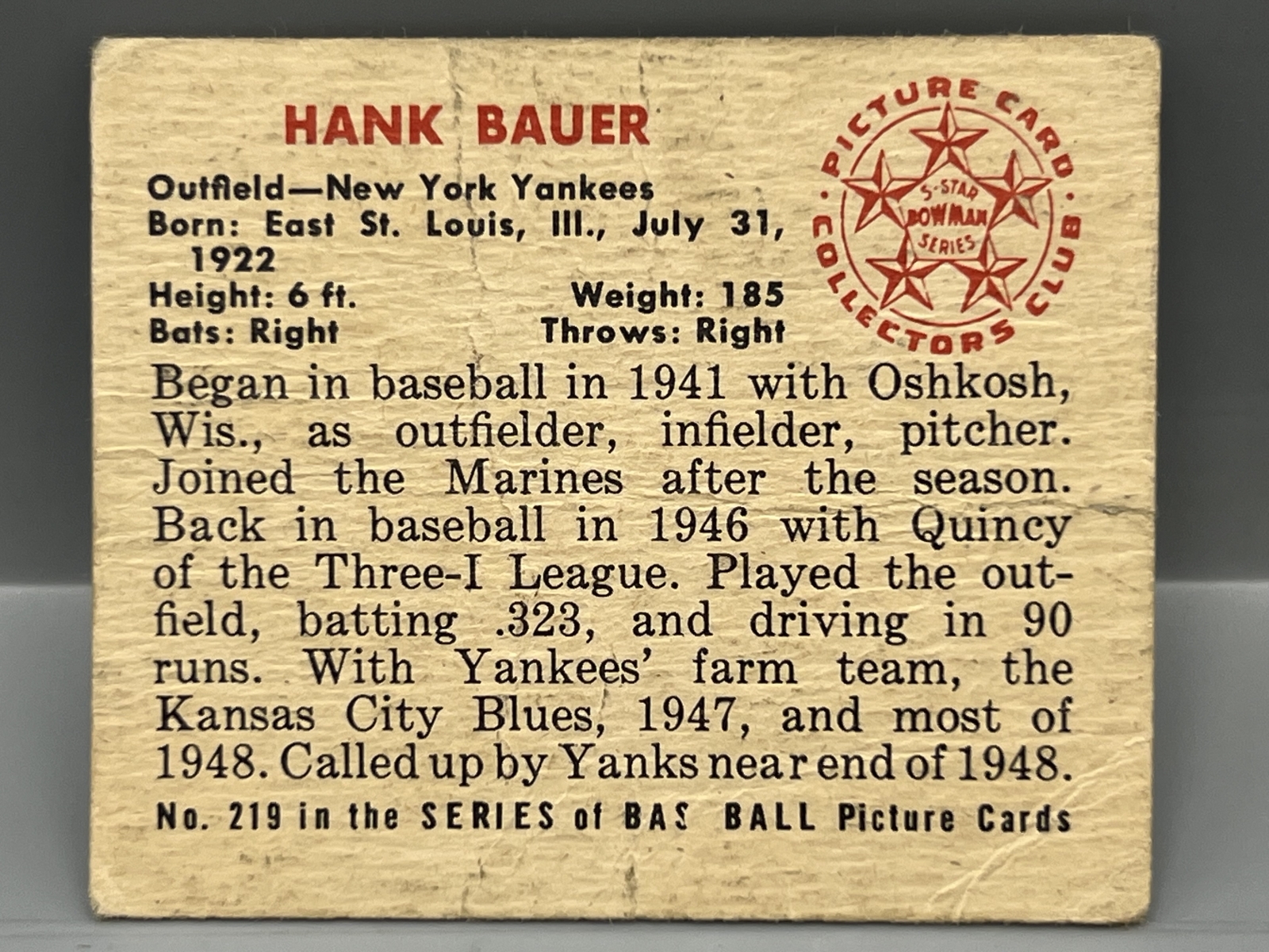 1950 Bowman Hank Bauer RC #219