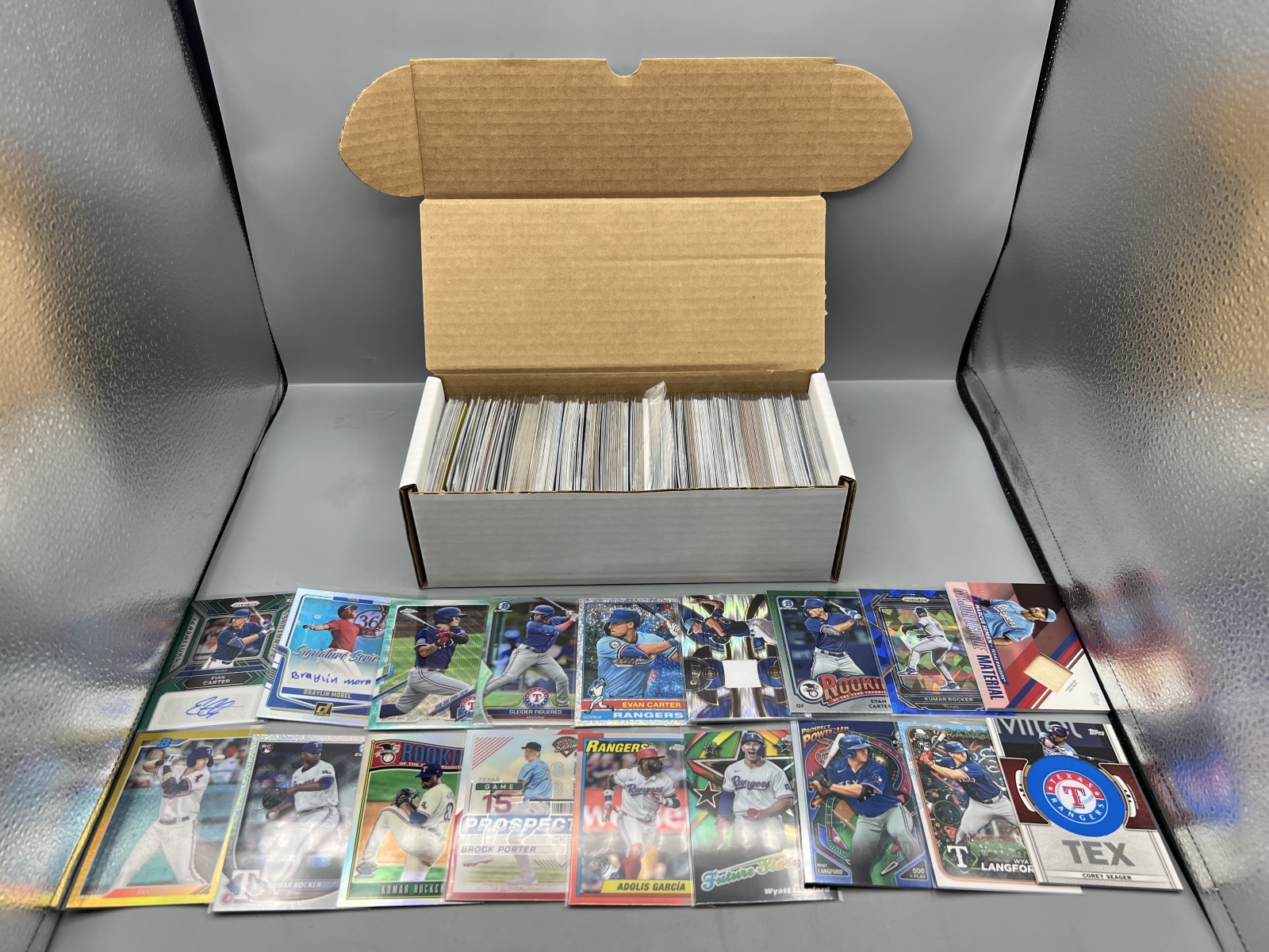 Box of Assorted Texas Rangers Baseball Cards W/ Many Stars, Rookies, Autos, Relics, Refractors, Parallels, & More