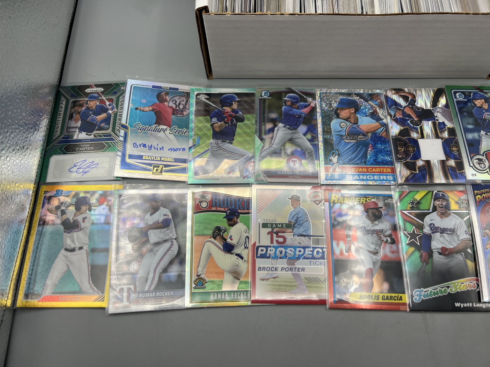 Box of Assorted Texas Rangers Baseball Cards W/ Many Stars, Rookies, Autos, Relics, Refractors, Parallels, & More