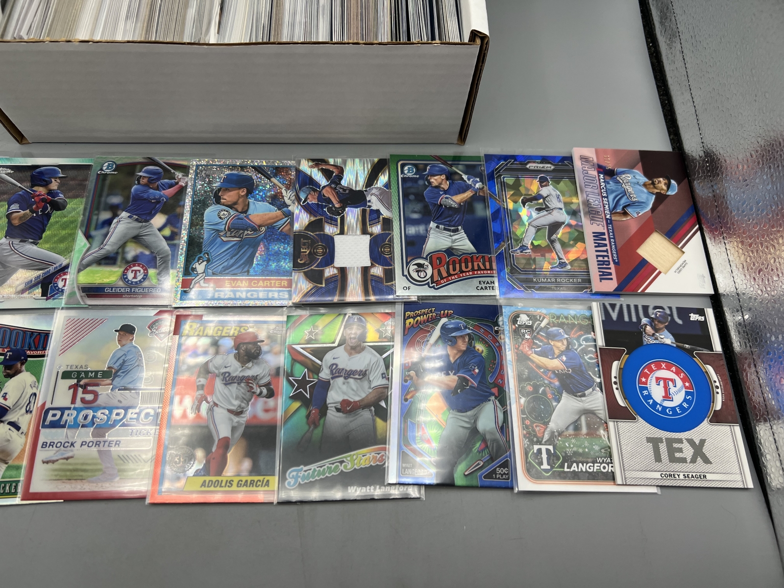 Box of Assorted Texas Rangers Baseball Cards W/ Many Stars, Rookies, Autos, Relics, Refractors, Parallels, & More