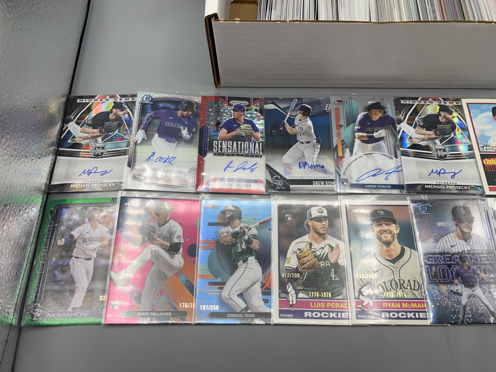 Box of Assorted Colorado Rockies Baseball Cards W/ Many Stars, Rookies, Autos, Relics, Refractors, Parallels, & More