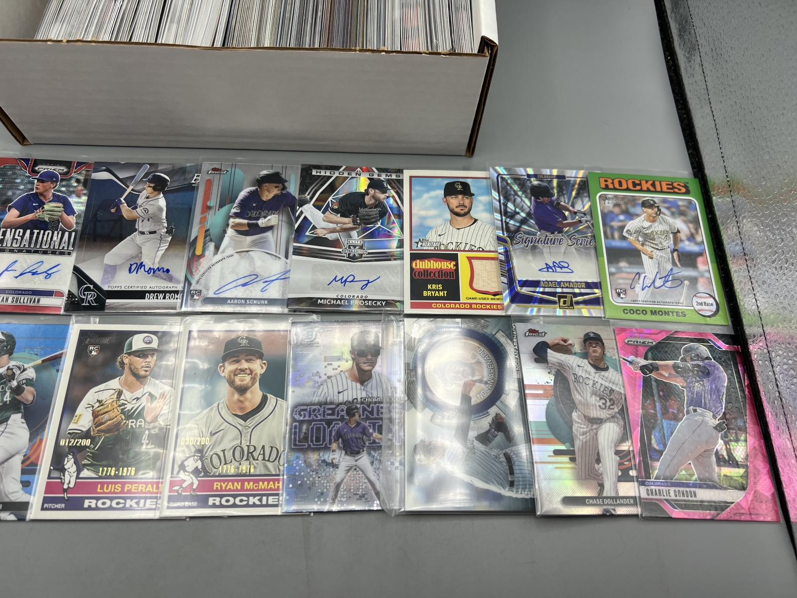 Box of Assorted Colorado Rockies Baseball Cards W/ Many Stars, Rookies, Autos, Relics, Refractors, Parallels, & More