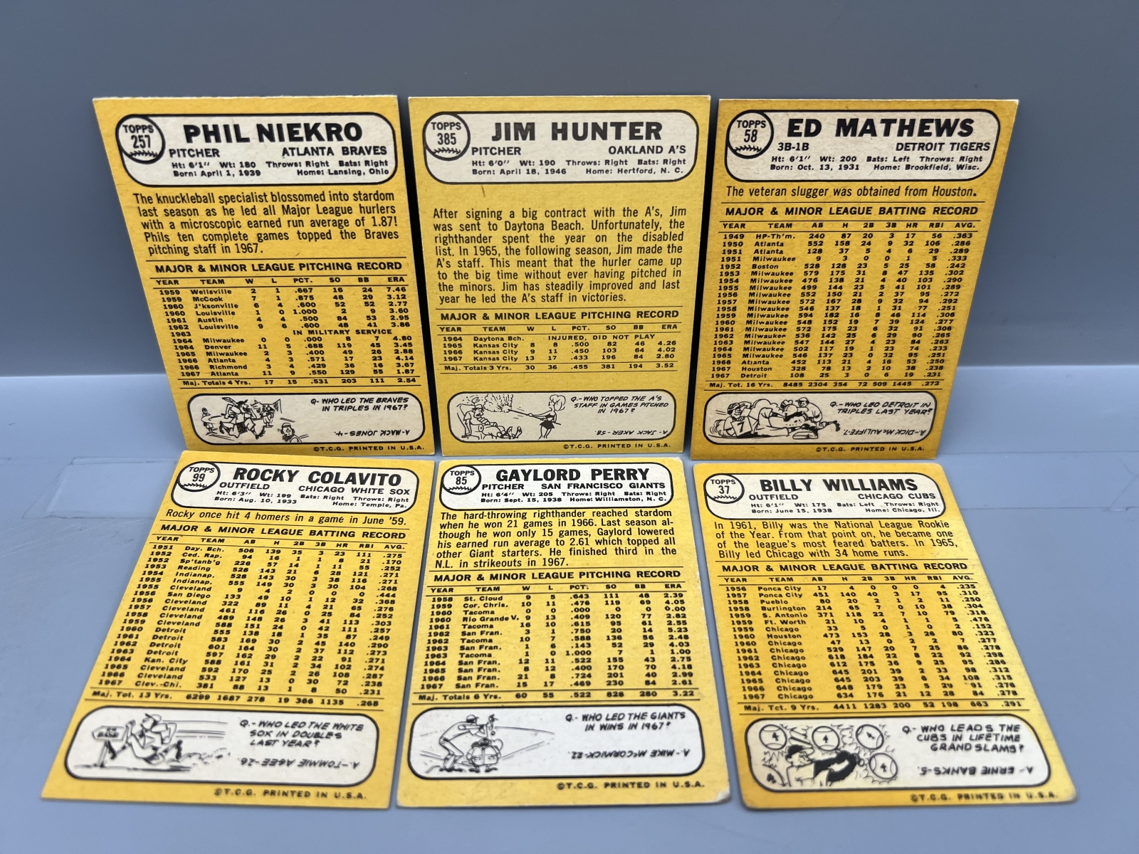 (6) 1968 Topps Baseball Star Player Cards - Billy Williams, Ed Mathews, Catfish Hunter - Varying Conditions