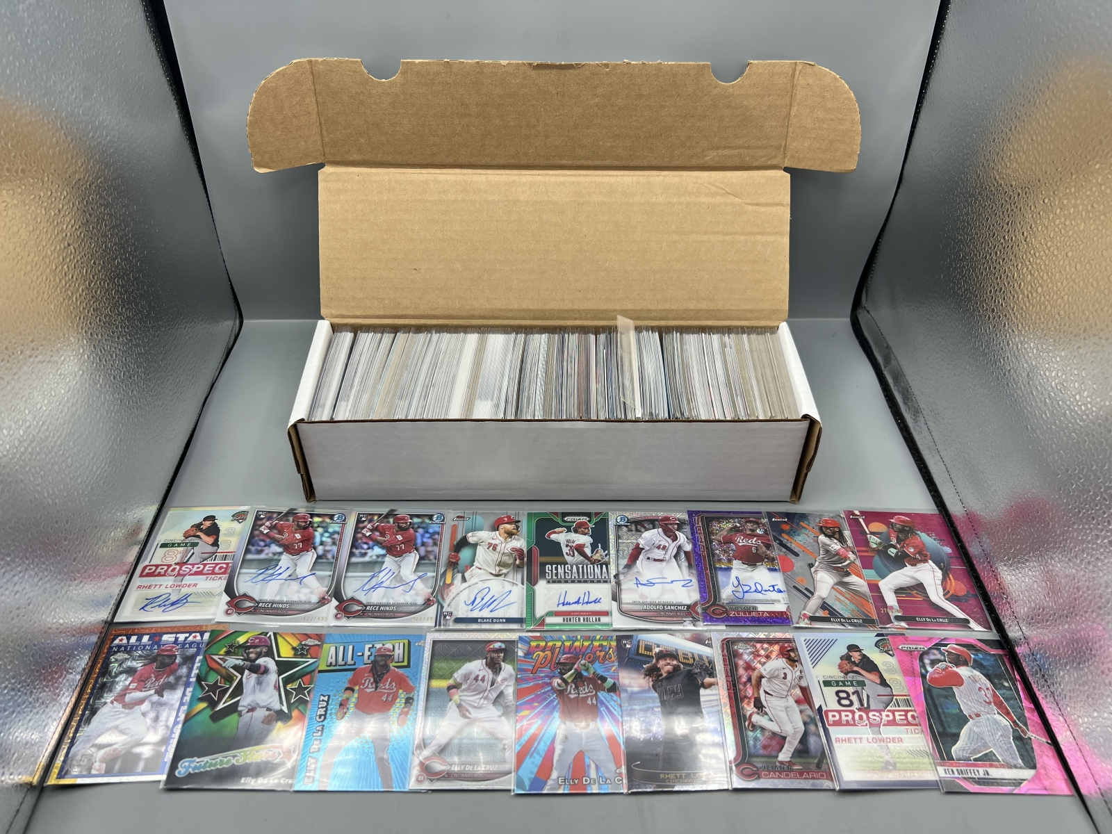 Box of Assorted Cincinnati Reds Baseball Cards W/ Many Stars, Rookies, Autos, Relics, Refractors, Parallels, & More