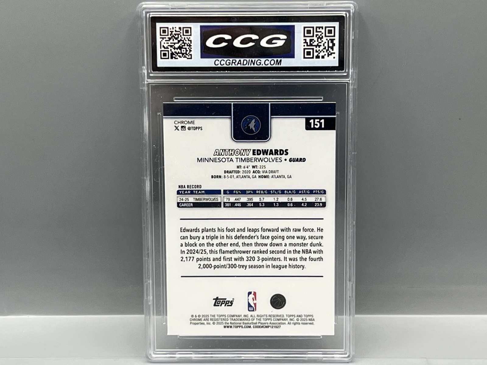 2025 Topps Chrome Anthony Edwards #151 - Slabbed By CCG Grading