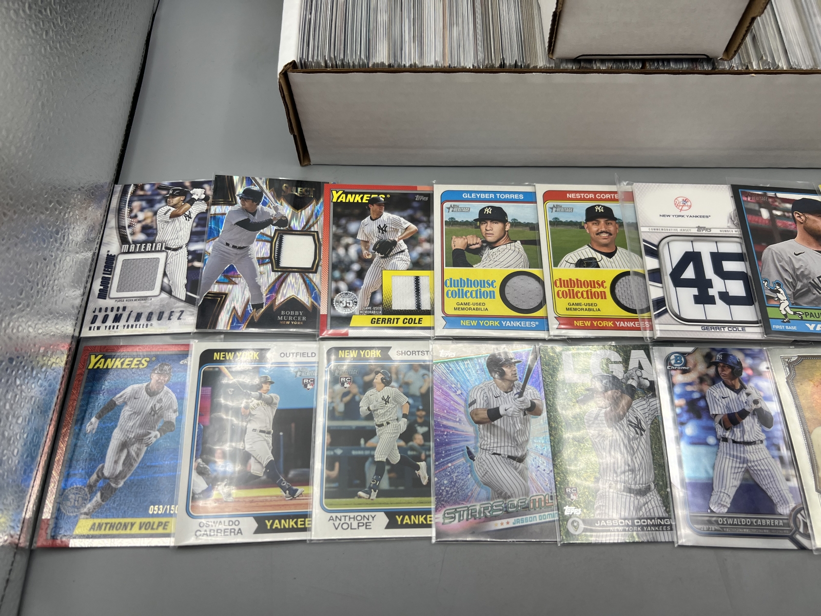 Box of Assorted New York Yankees Baseball Cards W/ Many Stars, Rookies, Autos, Relics, Refractors, Parallels, & More