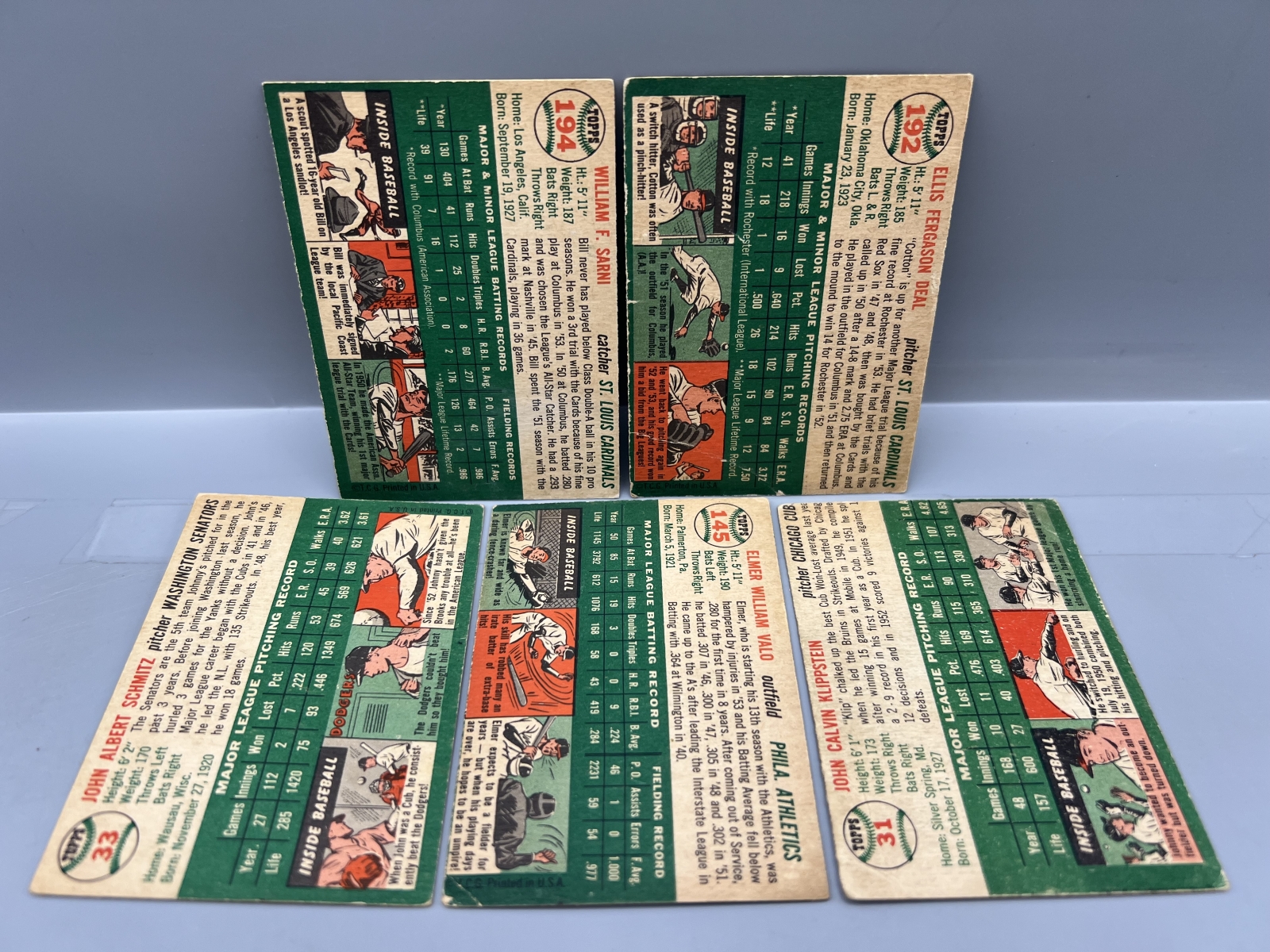 (5) 1954 Topps Baseball Cards - Varying Conditions