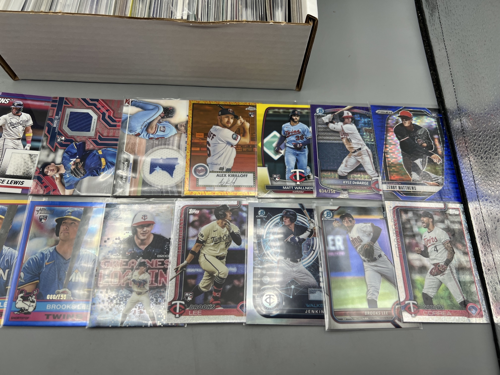 Box of Assorted Minnesota Twins Baseball Cards W/ Many Stars, Rookies, Autos, Relics, Refractors, Parallels, & More
