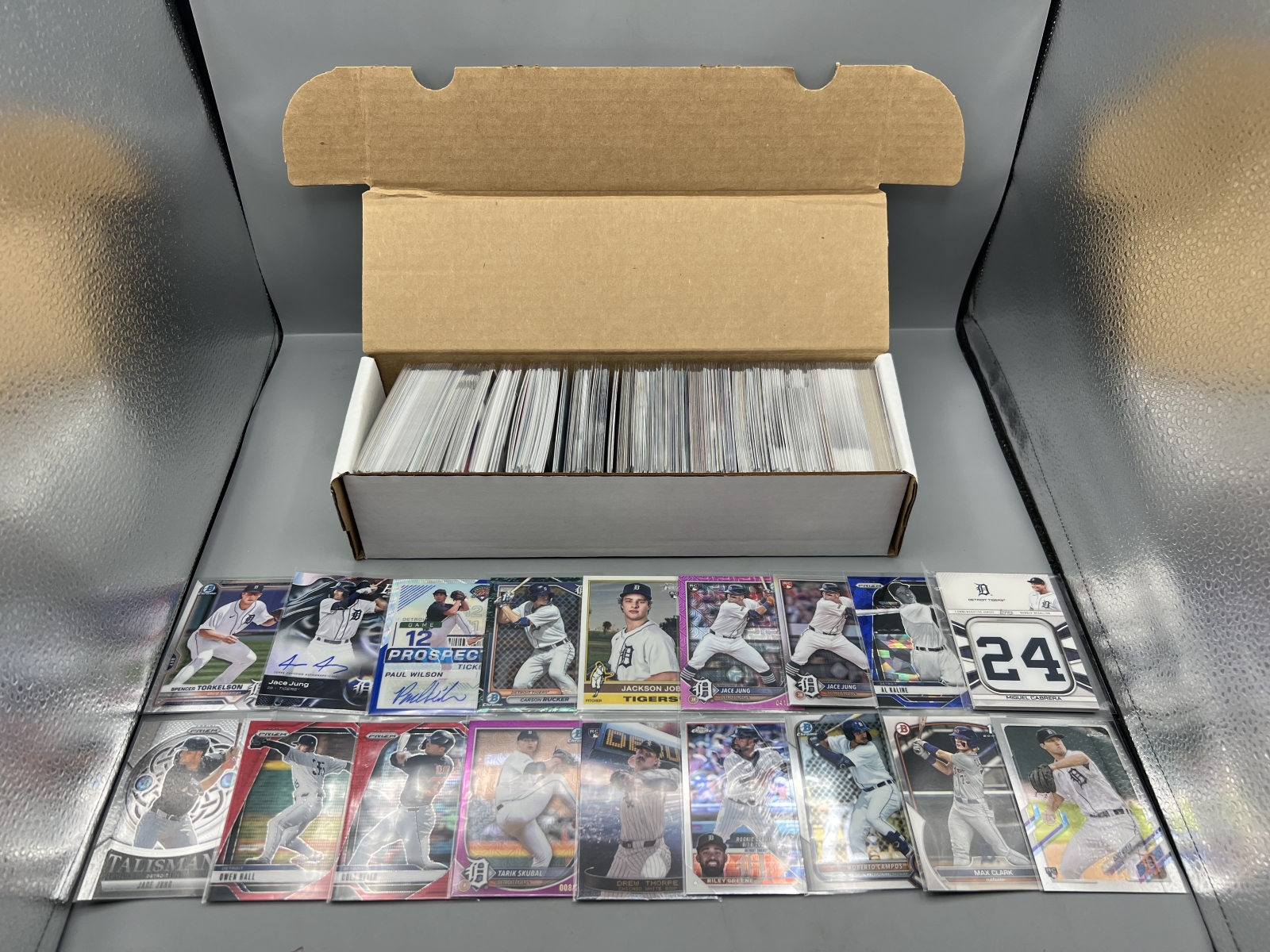 Box of Assorted Detroit Tigers Baseball Cards W/ Many Stars, Rookies, Autos, Relics, Refractors, Parallels, & More