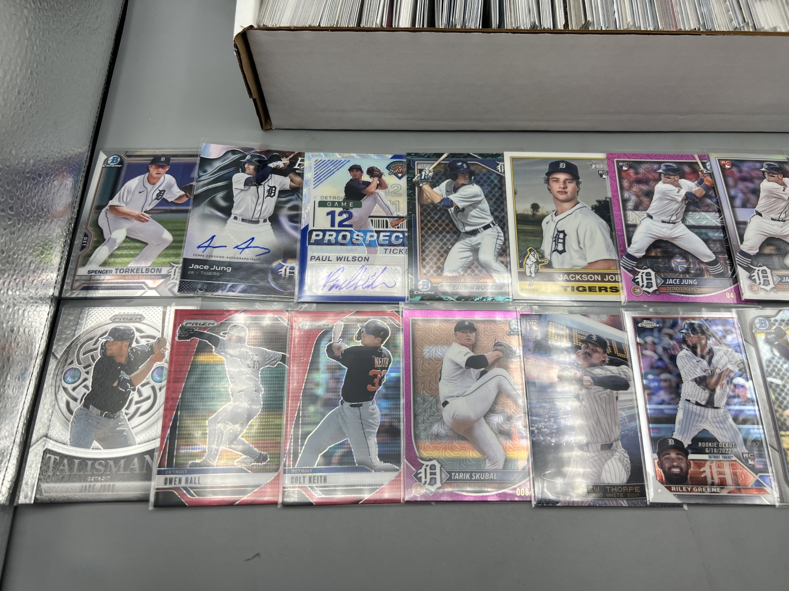 Box of Assorted Detroit Tigers Baseball Cards W/ Many Stars, Rookies, Autos, Relics, Refractors, Parallels, & More