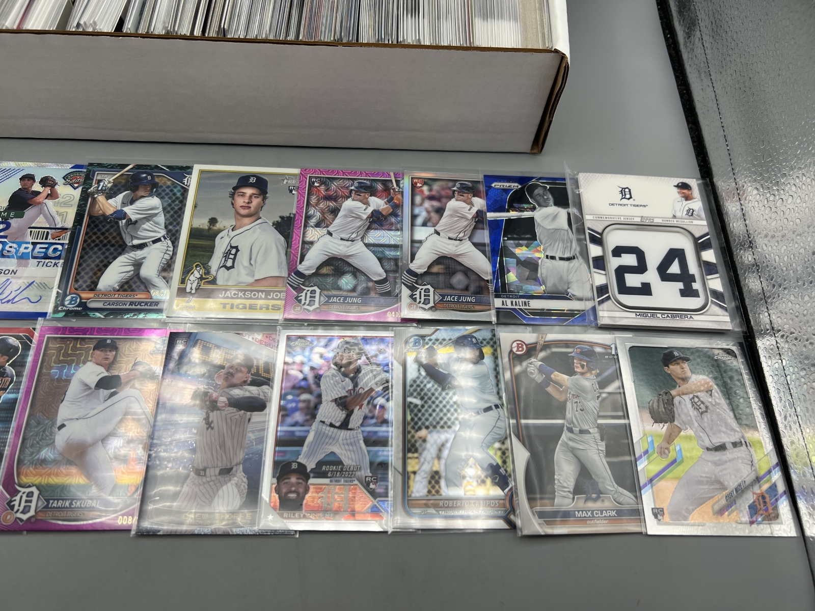 Box of Assorted Detroit Tigers Baseball Cards W/ Many Stars, Rookies, Autos, Relics, Refractors, Parallels, & More