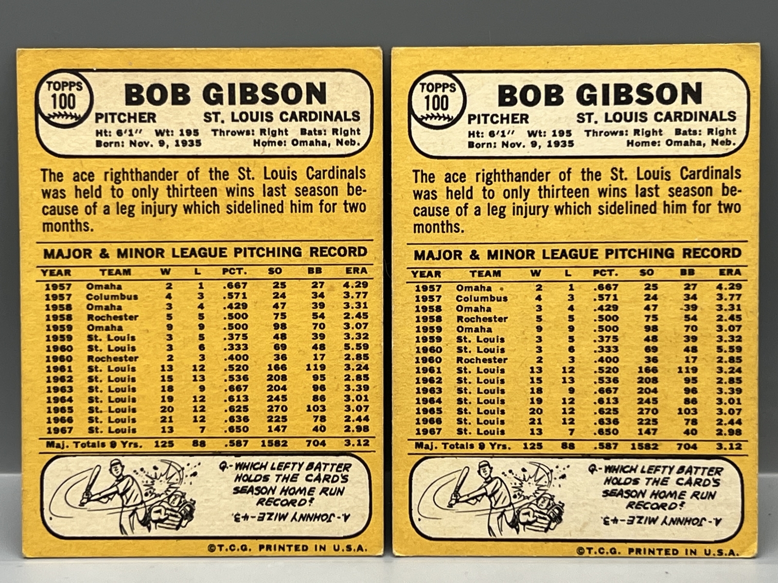 (2) 1968 Topps Bob Gibson #100