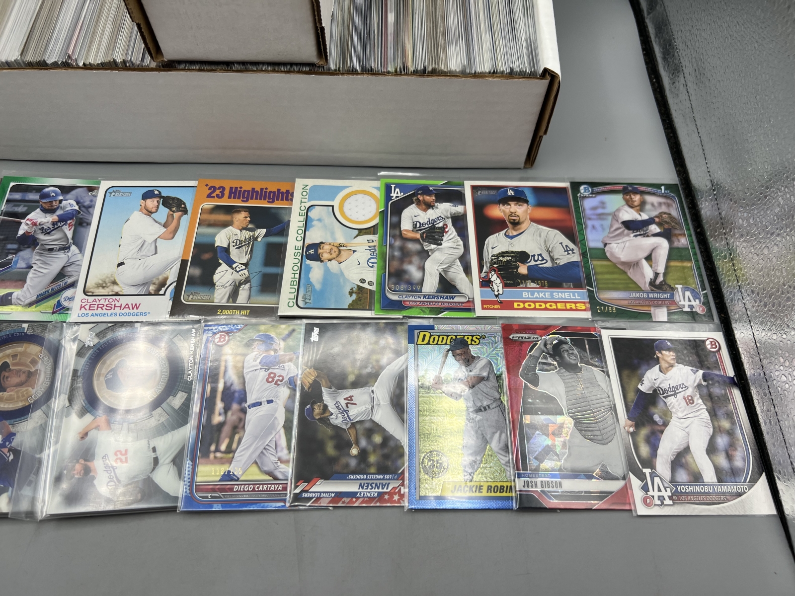 Box of Assorted Los Angeles Dodgers Baseball Cards W/ Many Stars, Rookies, Autos, Relics, Refractors, Parallels, & More
