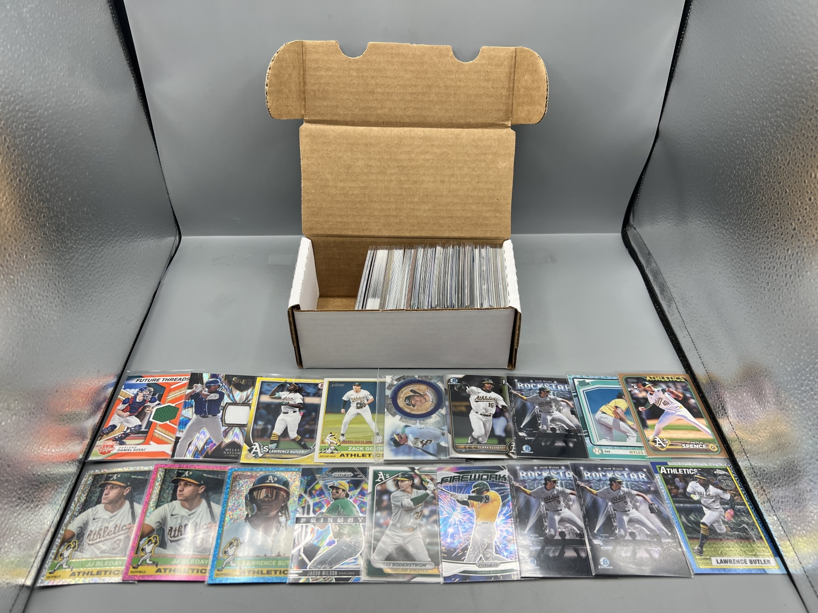Box of Assorted Oakland Athletics Baseball Cards W/ Many Stars, Rookies, Autos, Relics, Refractors, Parallels, & More