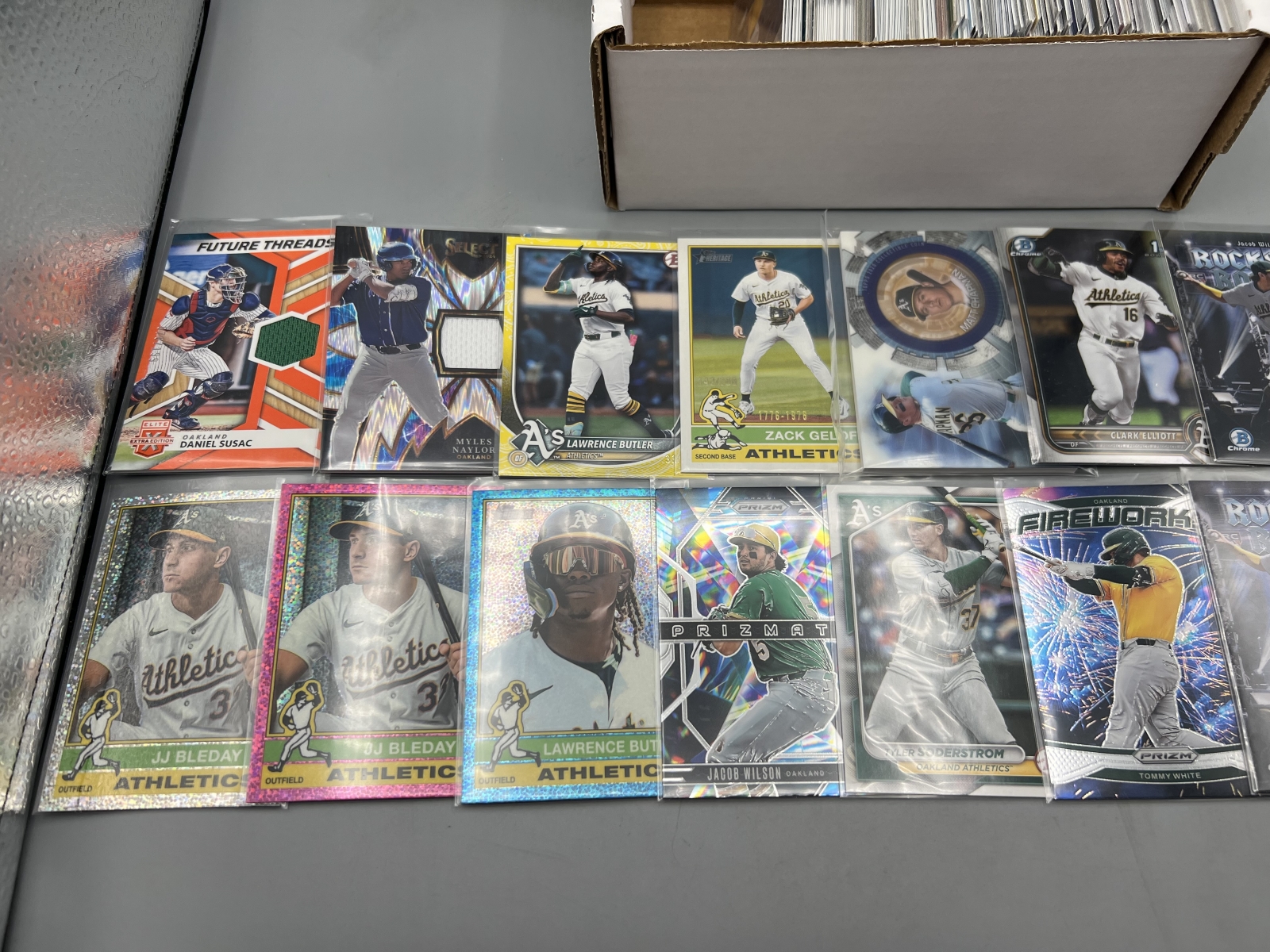 Box of Assorted Oakland Athletics Baseball Cards W/ Many Stars, Rookies, Autos, Relics, Refractors, Parallels, & More