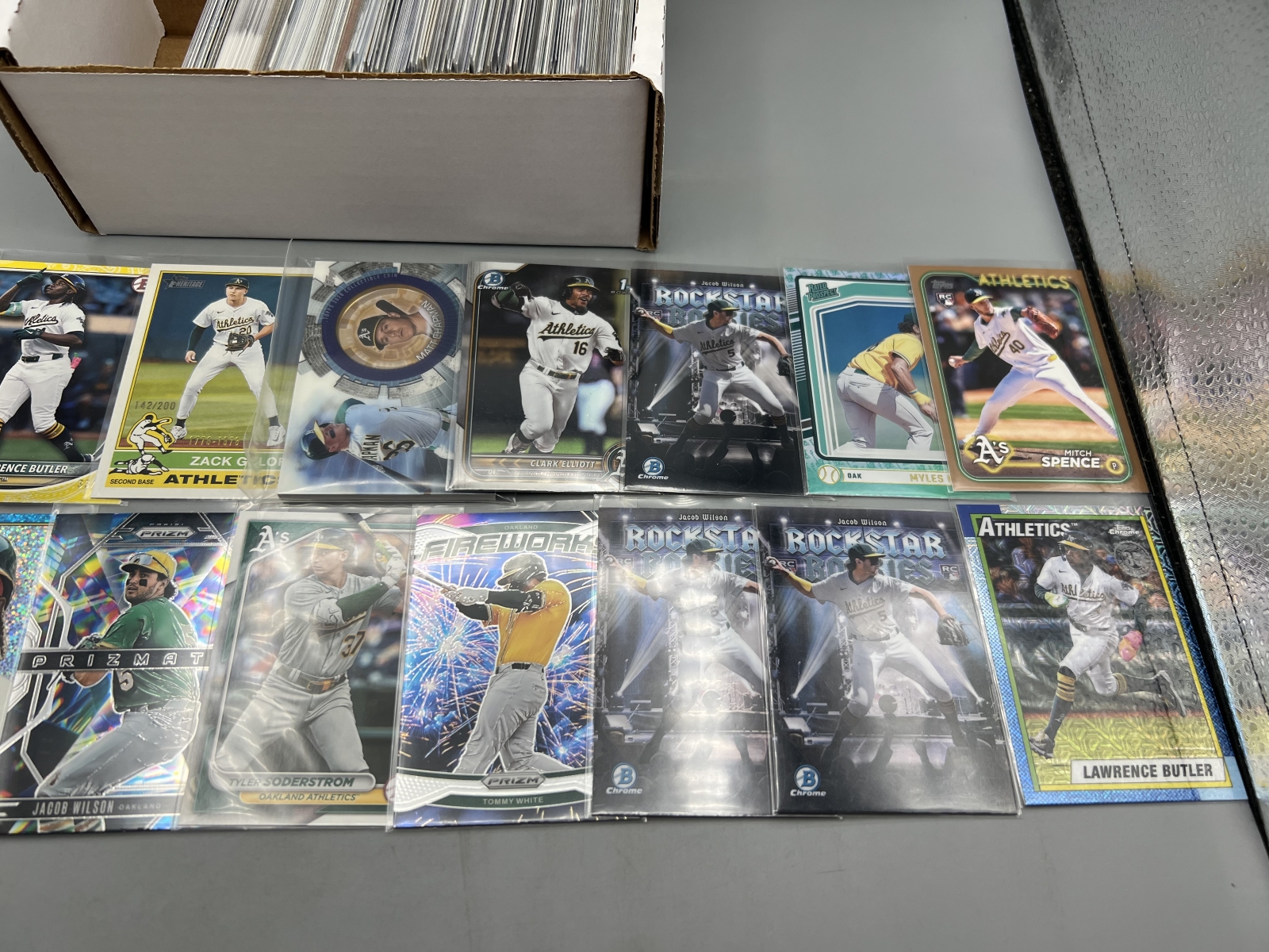 Box of Assorted Oakland Athletics Baseball Cards W/ Many Stars, Rookies, Autos, Relics, Refractors, Parallels, & More