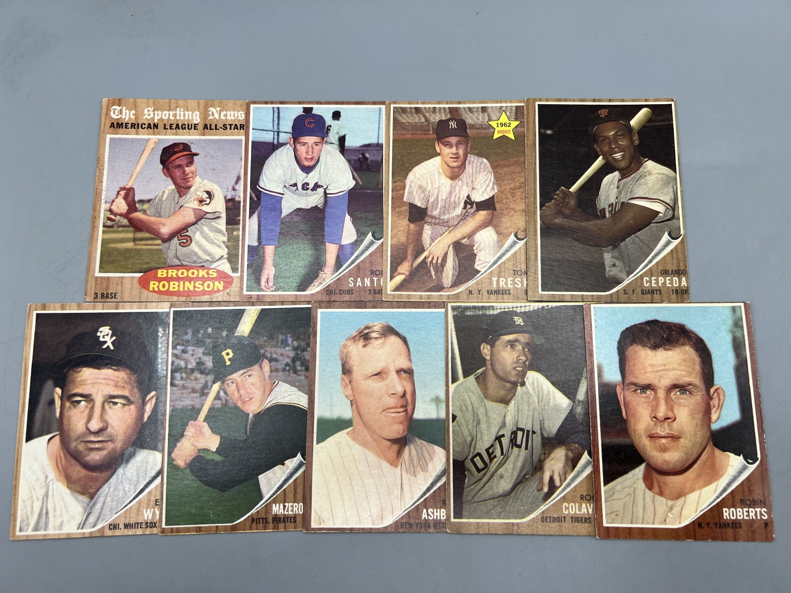 (9) 1962 Topps Baseball Star Player Cards - Brooks Robinson, Richie Ashburn, Ron Santo - Varying Conditions
