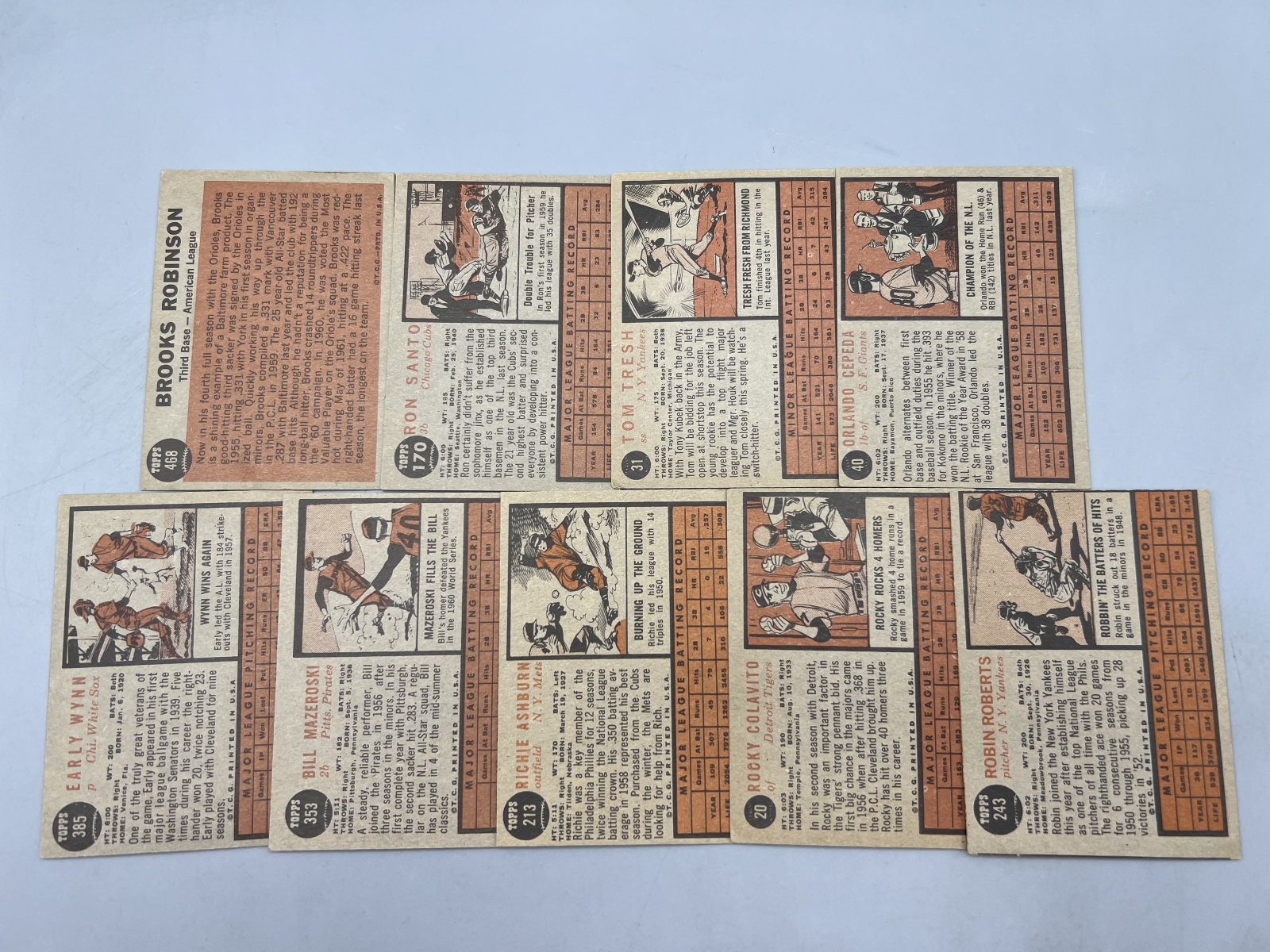 (9) 1962 Topps Baseball Star Player Cards - Brooks Robinson, Richie Ashburn, Ron Santo - Varying Conditions